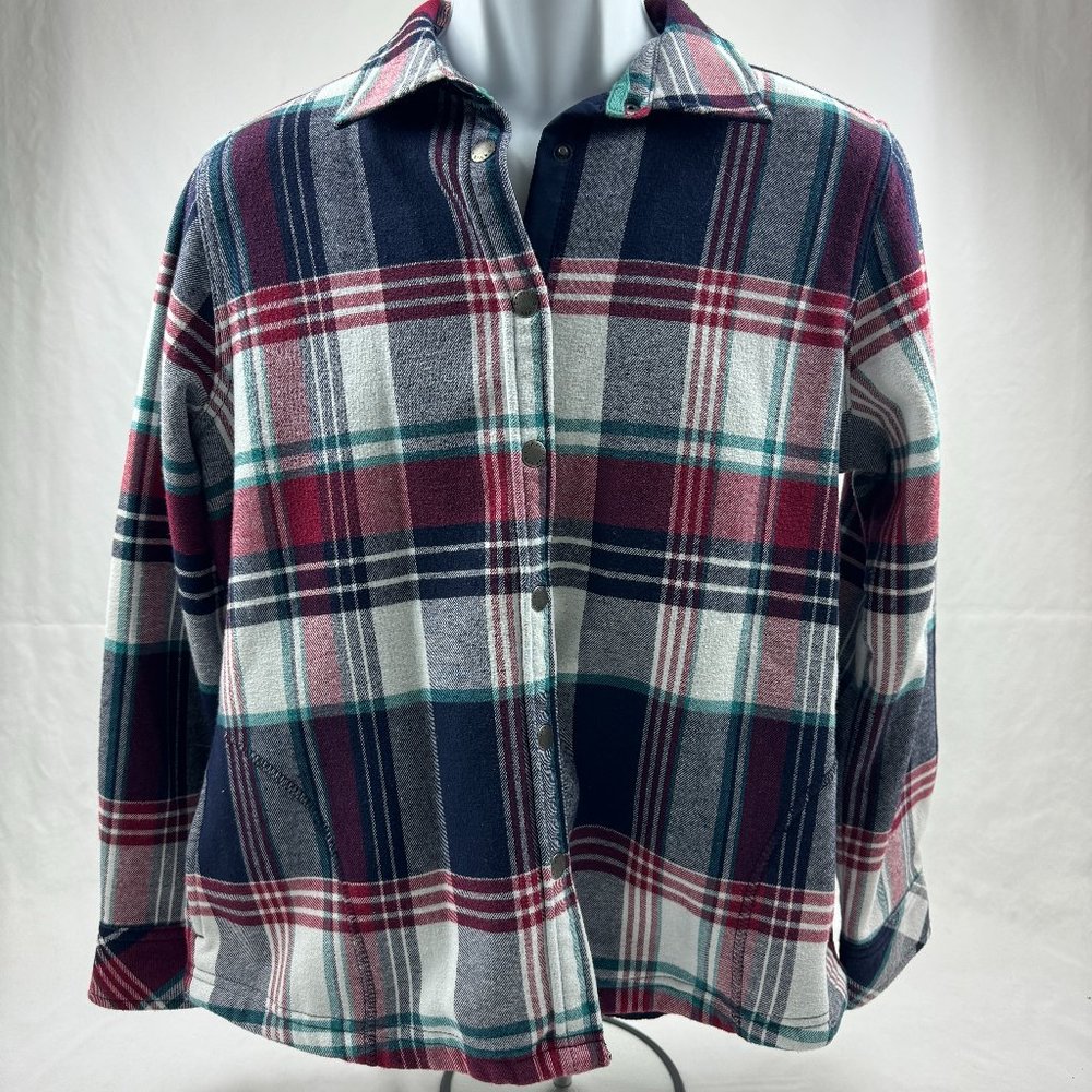 Orvis Flannel Shirt Fleece Womens Size Large Button Up Snap Jacket Pocket